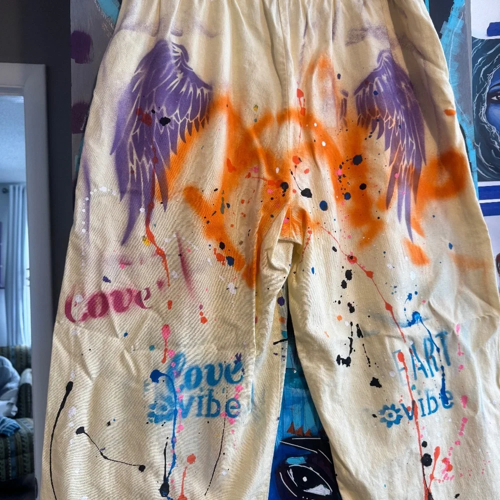 Hand-Painted Celestial Soul Graffiti Linen Blend Streetwear Pants - Large - Picture 8 of 11